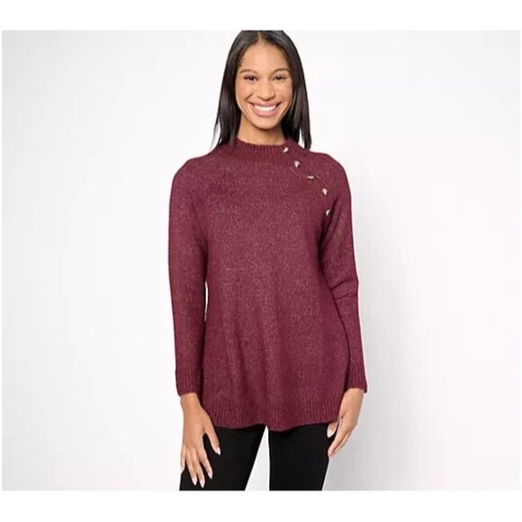 Denim & Co. Tunic Sweater Pullover w/ Button Detail Dark Burgundy Pet 3X A627234 - Picture 1 of 1